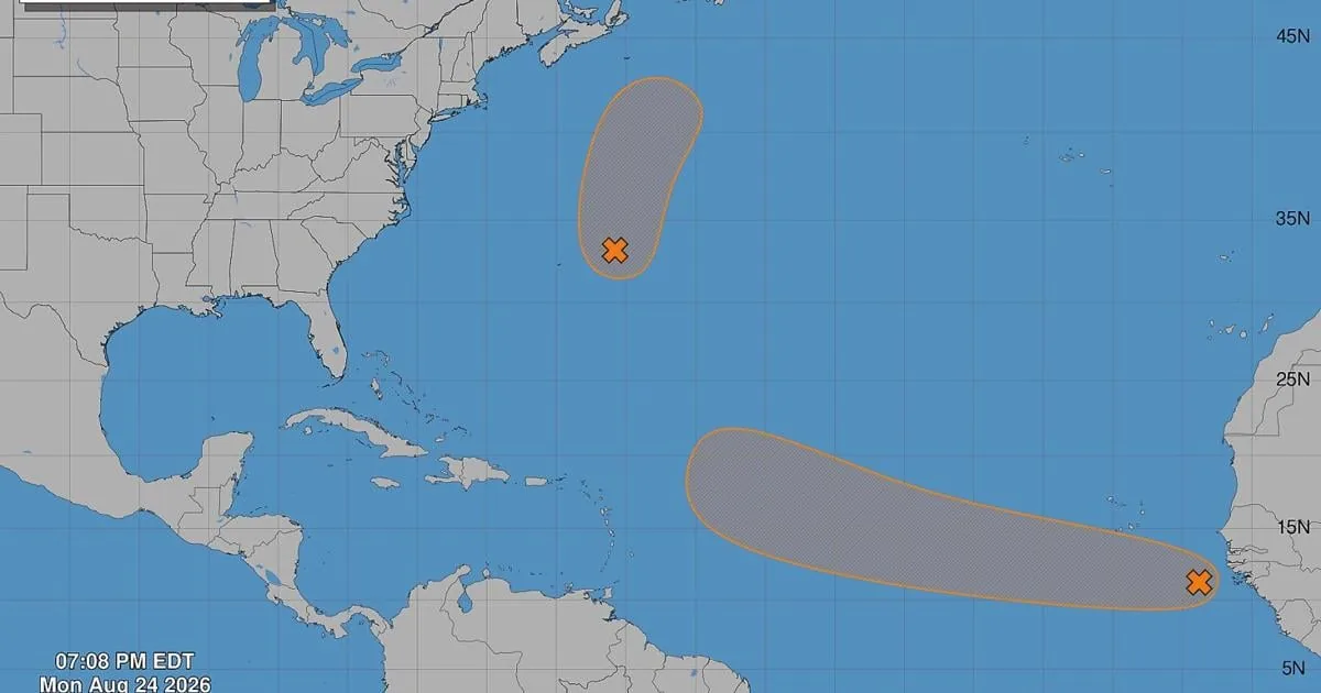 Satellite view of two Atlantic weather systems being tracked for possible tropical development