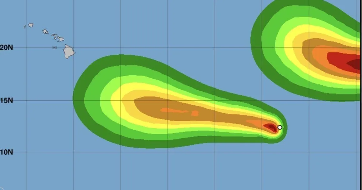 Satellite forecast track showing Tropical Storm Lowell west of Hawaii and uncertain path