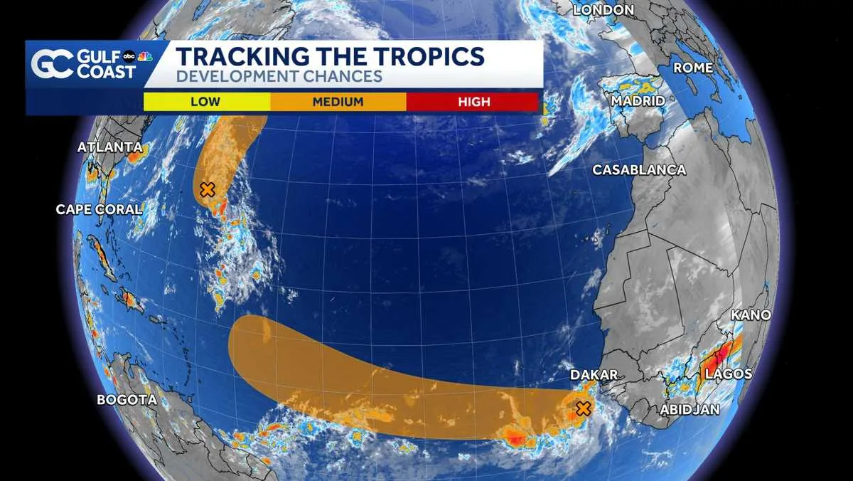Satellite view of two tropical disturbances being tracked in the Atlantic Ocean