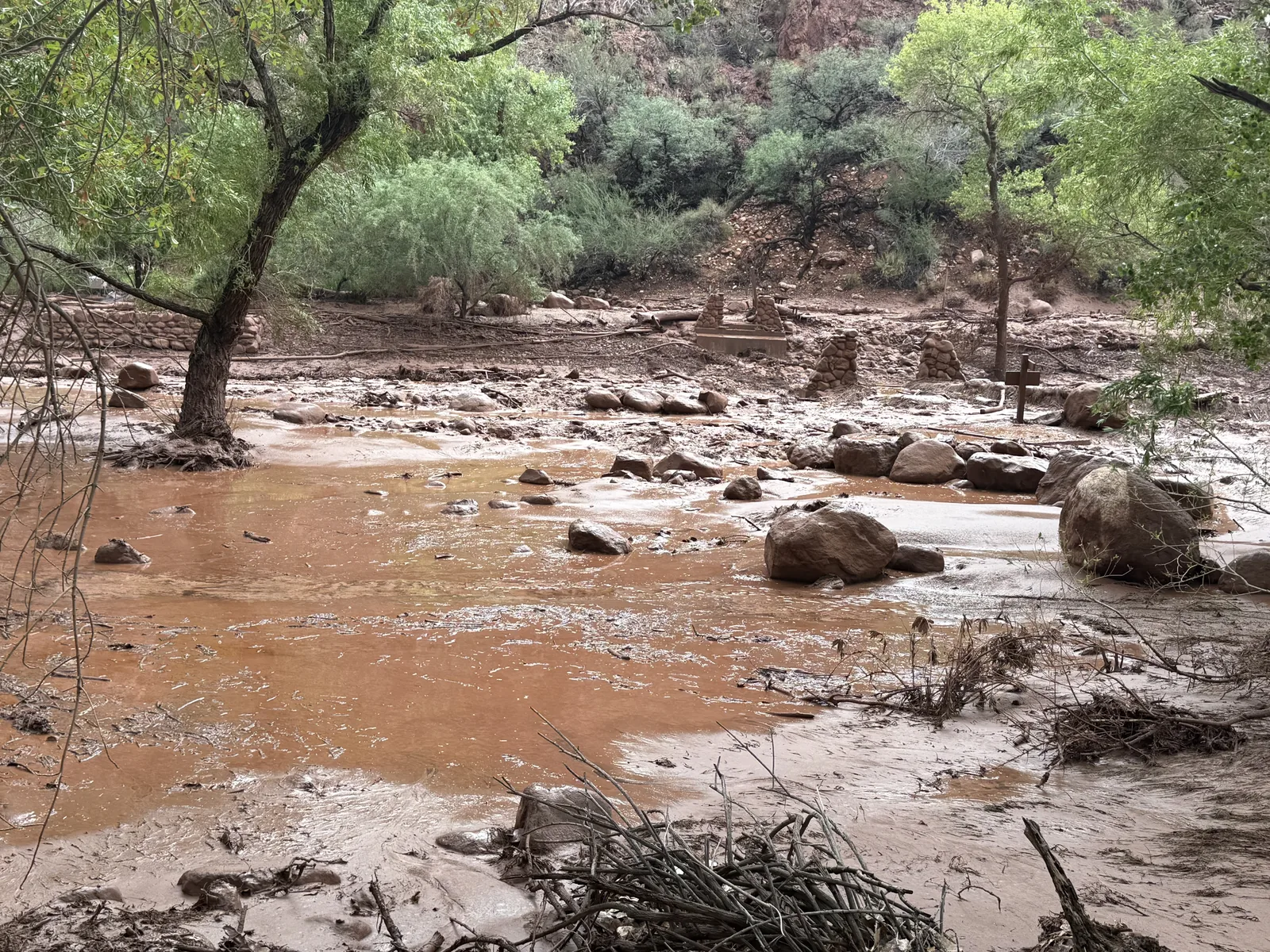 Flood damage and closures in Grand Canyon National Park after flash flooding in Bright Angel Canyon