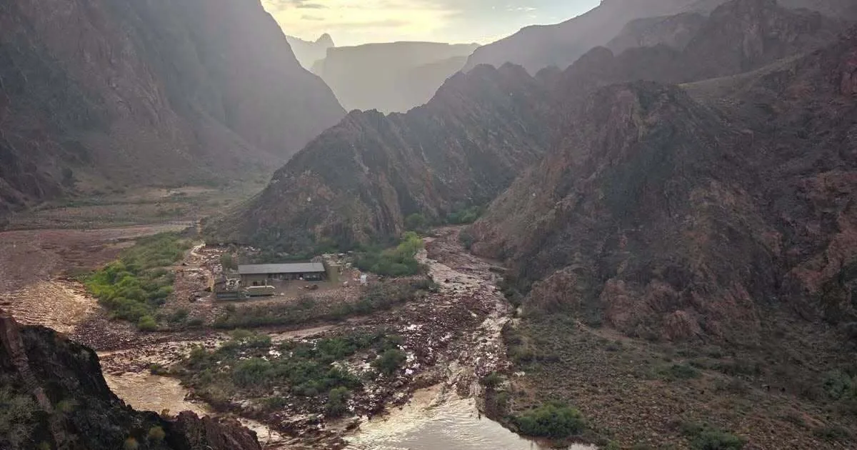 Flood damage and trail closures in the Grand Canyon after a flash flood in Bright Angel Canyon