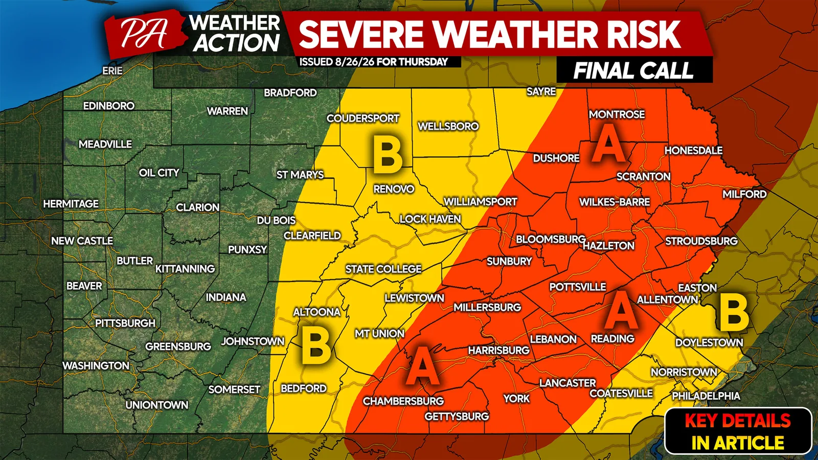 Severe Thunderstorms Could Bring 70 Mph Winds and an Isolated Tornado Risk to Eastern Pennsylvania Thursday Afternoon Into Just After Sunset