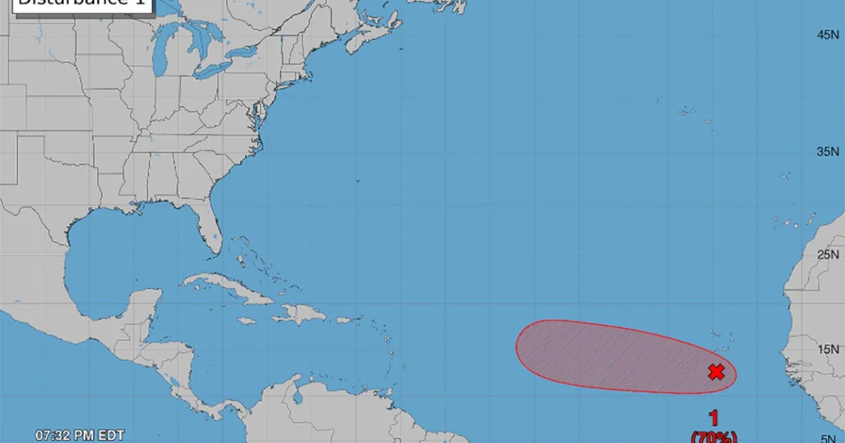 Satellite-style weather view showing a low-pressure area being tracked in the eastern Atlantic