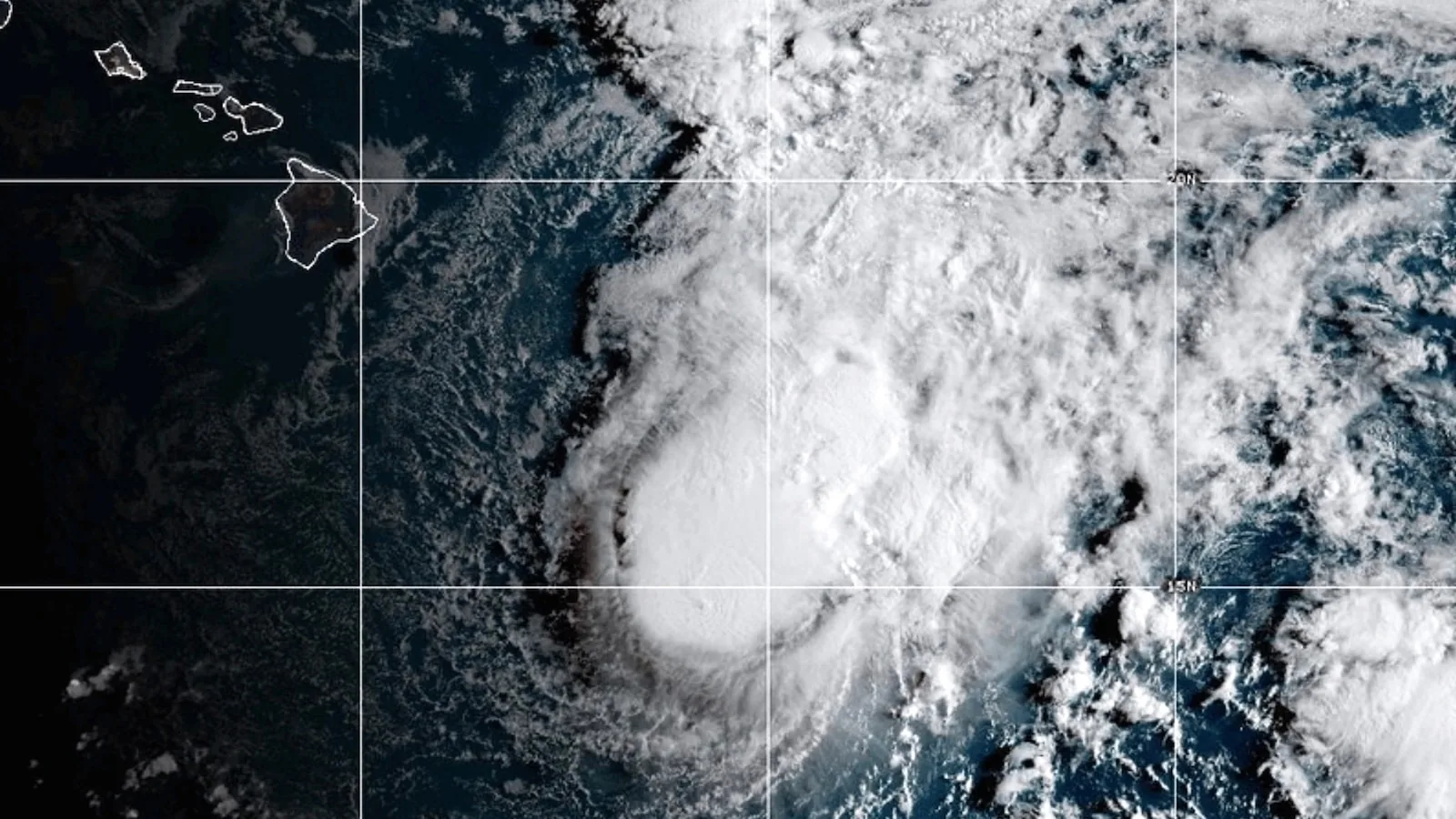Satellite view of Tropical Storm Moke approaching south of Hawaii with rain bands near the islands