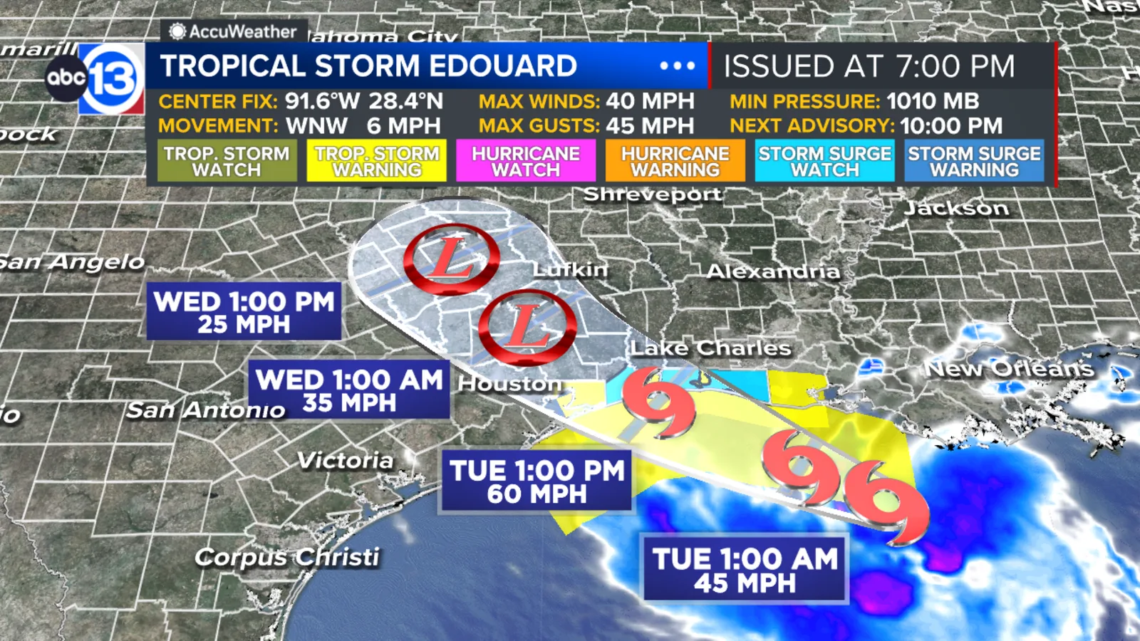 Radar view showing Tropical Storm Edouard approaching Southeast Texas with rain bands and flood risk