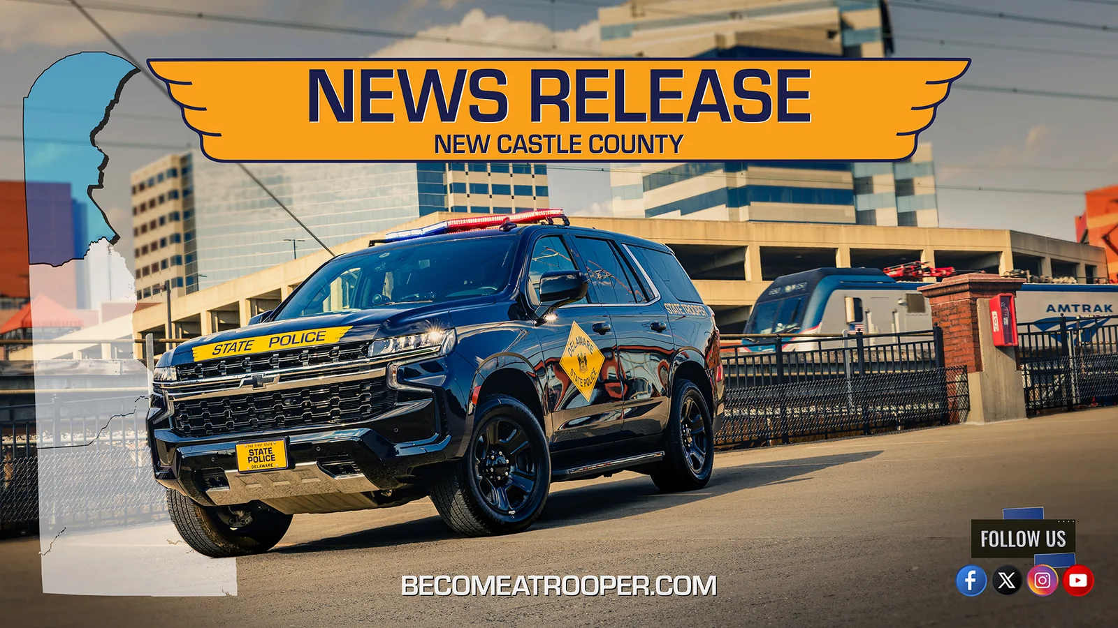 Delaware State Police cruiser during a traffic stop investigation in New Castle