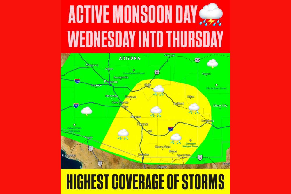 Active Monsoon Storms Target Tucson and Southeastern Arizona Wednesday as Heavy Rain Flash Flooding and 50 MPH Wind Gusts Threaten the Region