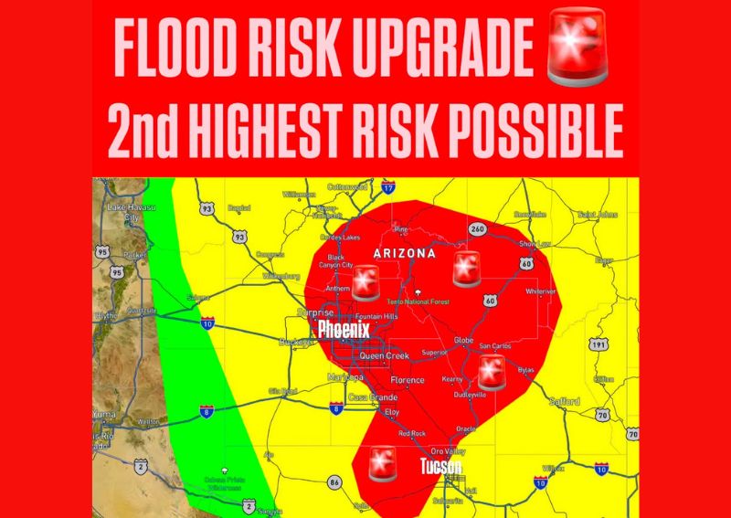 Arizona Flash Flood Risk Is Upgraded to the Second Highest Level for Wednesday as the Threat Extends South From Phoenix to Tucson