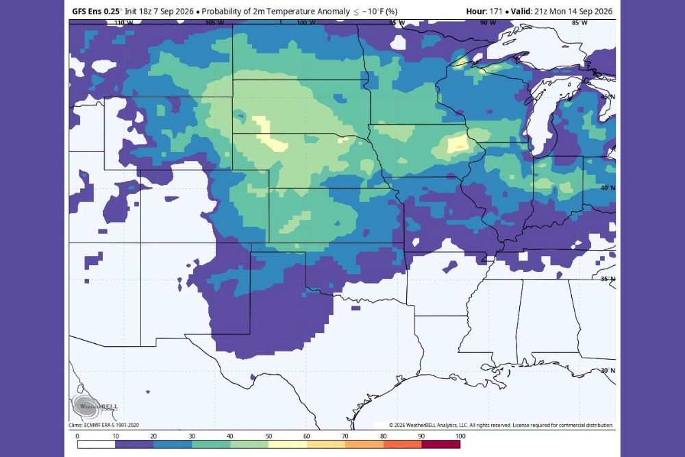 Below Normal Temperature Probabilities Continue Climbing Across the Plains Midwest and Rockies States as a Much Colder Mid September Pattern Takes Hold