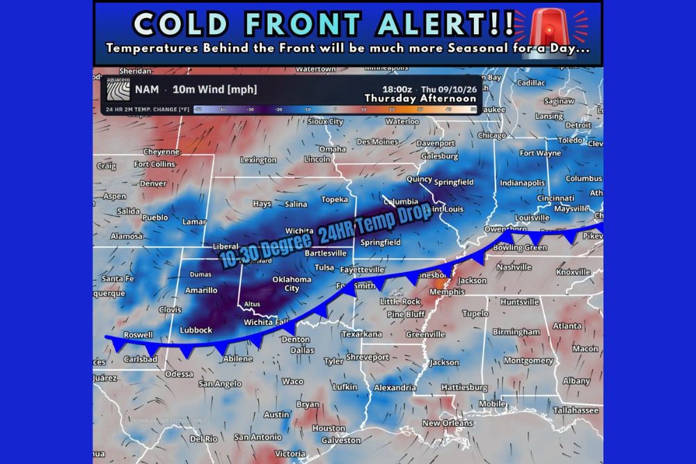 Cold Front Alert Issued as Sharp 10 to 30 Degree Temperature Drop Sweeps Into Texas Oklahoma Missouri and Ohio Valley This Thursday