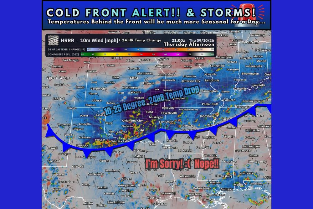 Cold Front Alert Issued for Thursday as Sharp 10 to 25 Degree Temperature Drop and Storms Sweep Into Texas Oklahoma Missouri and Arkansas