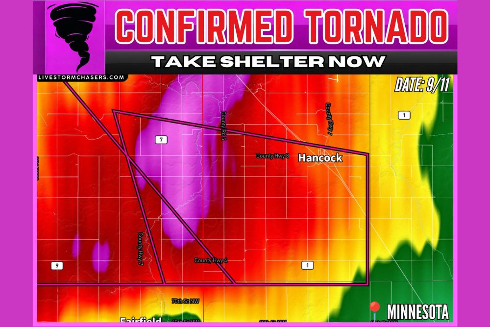 Confirmed Tornado Strikes Near Lake Hattie in West Central Minnesota Southwest of Morris as Storm Moves Southeast Toward Hancock at 10 MPH