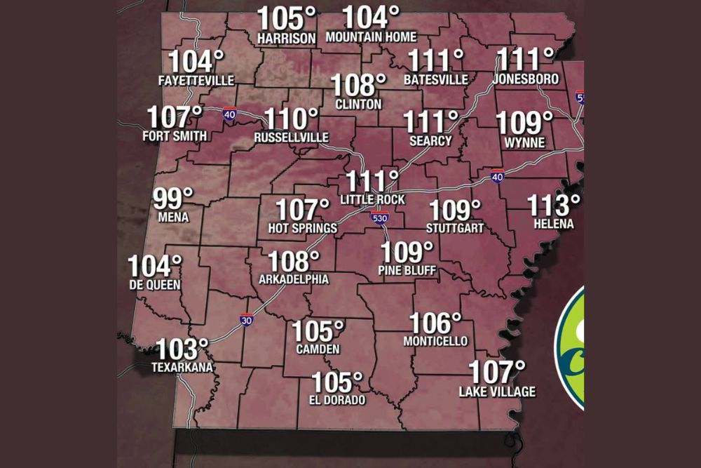 Dangerous Heat Index Values Top 110 Degrees Across Arkansas Saturday With No Relief in Sight Through the Coming Week