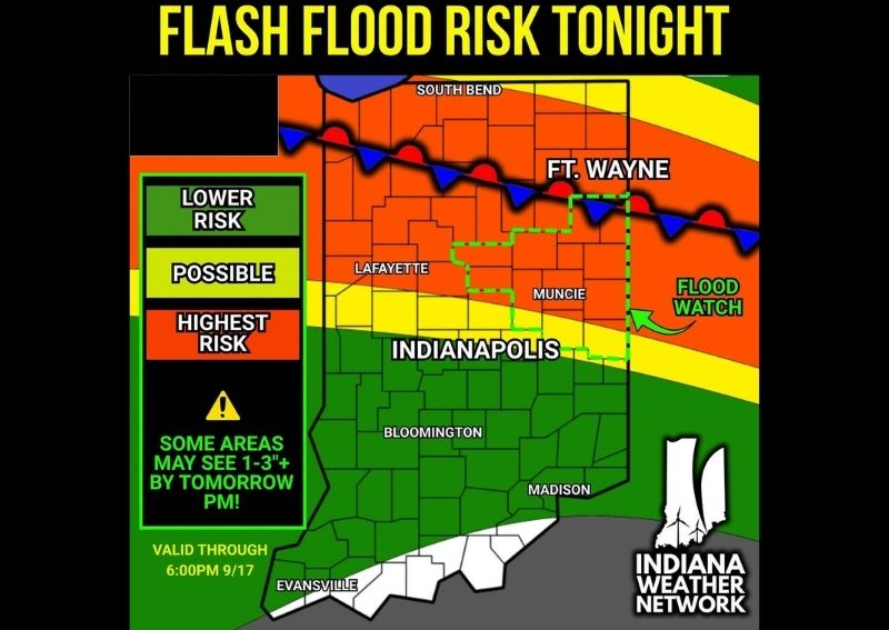 Flash Flood Risk Rises Across Northern Indiana Tonight as Repeated Storms Could Dump 1 to 3 Inches of Rain by Tomorrow