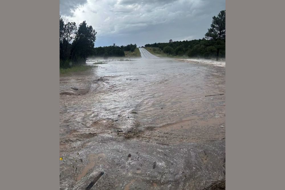 Flash Flooding Closes Lone Pine Dam Road at Linden Wash in Navajo County Arizona as Sheriff Warns Against Driving Into High Water