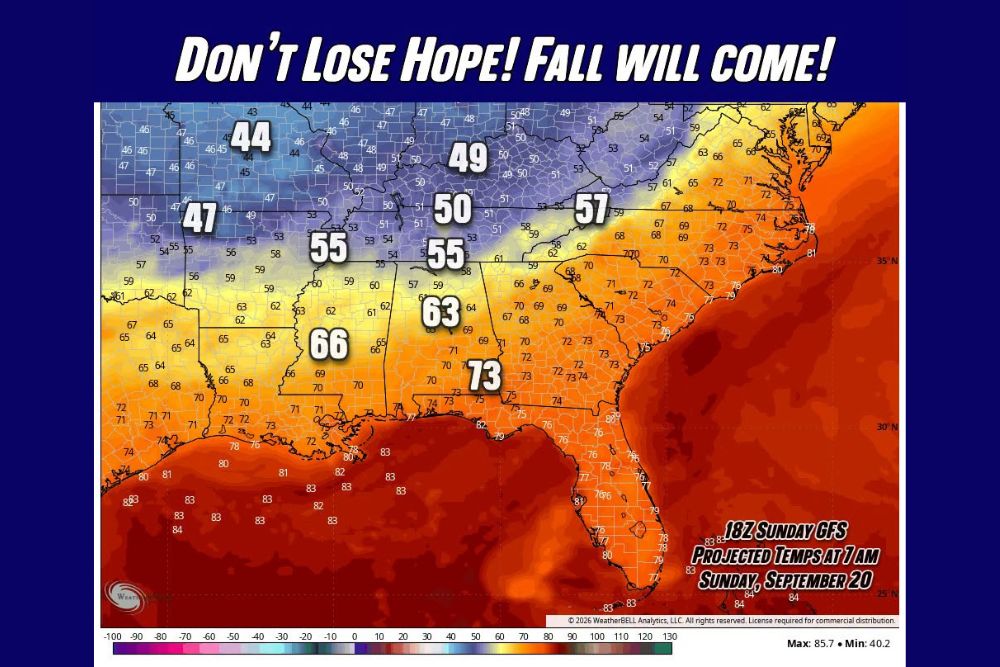 GFS Model Hints at Legitimately Cooler Fall Weather Finally Pushing South Into the Tennessee Valley and Southeast by September 20 This Year