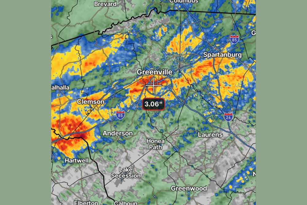 Heavy Rain Dumps More Than 3 Inches Across a Large Swath of South Carolina Upstate Today Including Parts of Greenville and Spartanburg