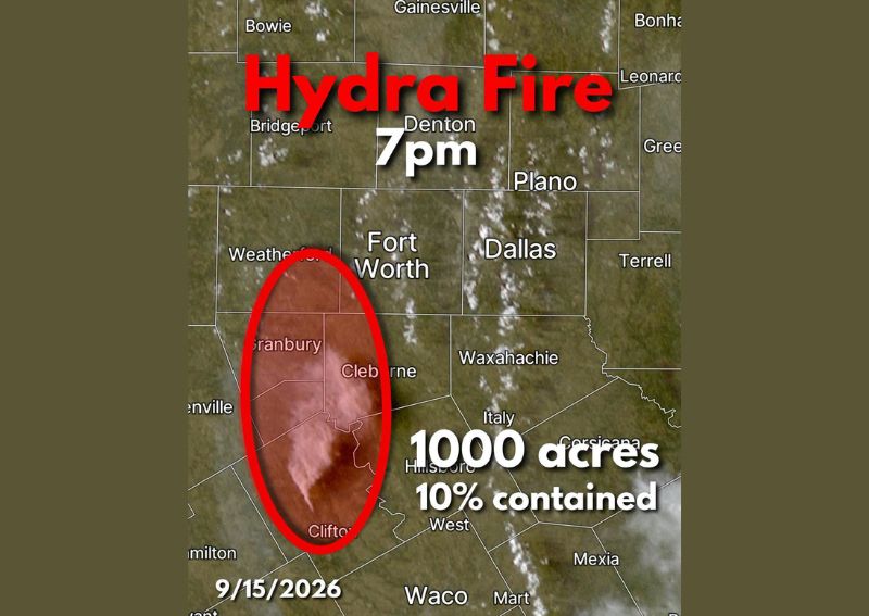Hydra Fire Grows to 1000 Acres in Bosque County Texas Tonight as Heavy Smoke Pushes North Into Tarrant Parker and Hood Counties