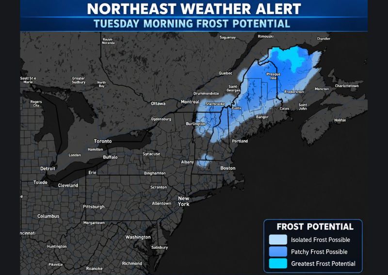 Legitimate Frost Potential Builds Across Northern Maine New Hampshire and Vermont Tuesday Morning as a Much Cooler Drier Air Mass Settles In