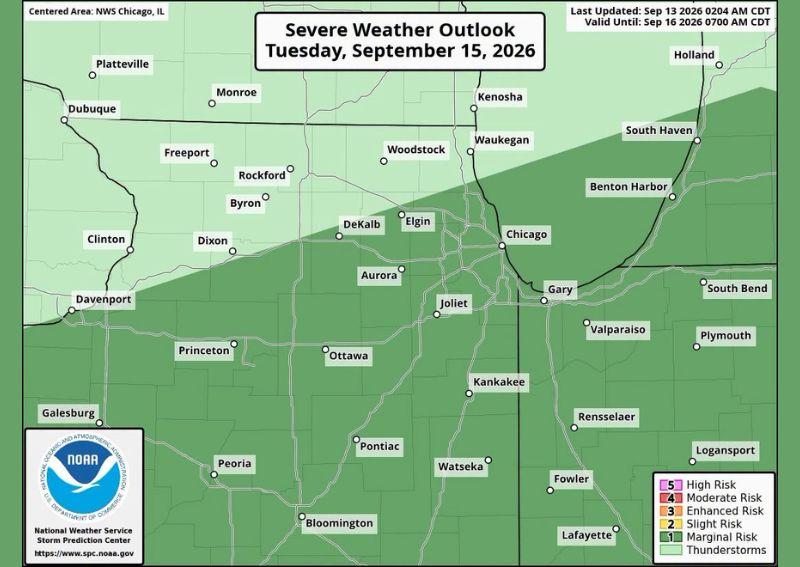 Marginal Severe Thunderstorm Risk Is Possible Tuesday Afternoon South of Chicago as Heavy Rain Also Targets Areas North of the City