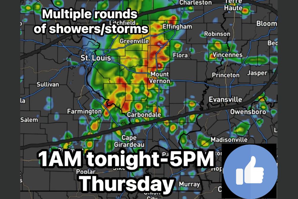 Multiple Rounds of Heavy Rain and Storms Target Illinois Missouri and Indiana Overnight Into Thursday as One to Four Inches Falls Locally
