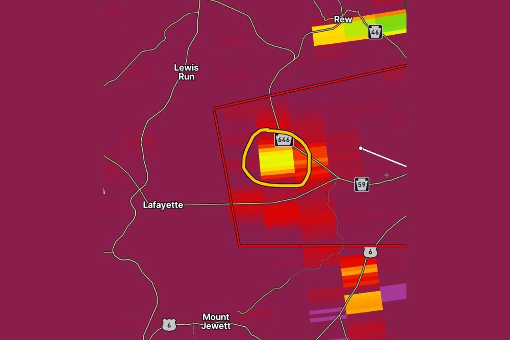 Possible Tornado Debris Signature Detected on Radar East of Lafayette Pennsylvania in McKean County as Crews Now Seek Local Storm Damage Reports