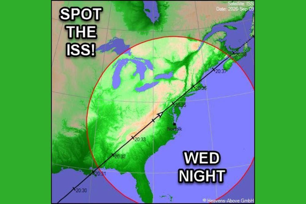 Rare Chance to Spot the International Space Station Wednesday Night Across the East Coast and Ohio Valley as It Quickly Passes Overhead