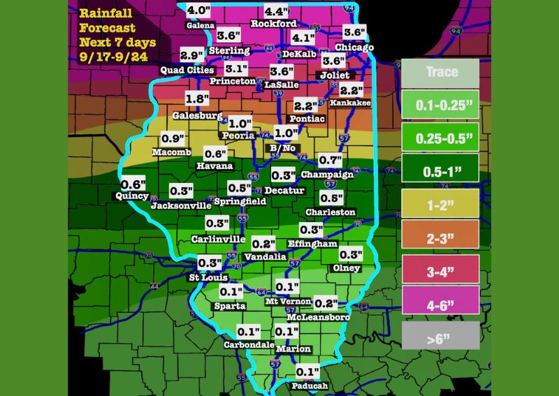 Seven Day Rainfall Forecast Shows Up to 4 Inches for Northern Illinois Including Rockford and Chicago With Much Lighter Totals Farther South