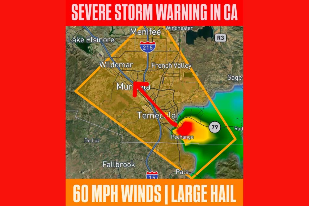 Severe Thunderstorm Warning Issued for San Diego and Riverside Counties in California as Storm Brings Damaging 60 MPH Winds and Large Hail
