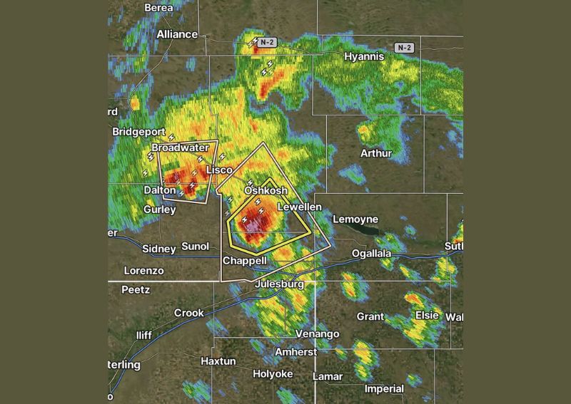 Severe Thunderstorm Warning Issued for Western Nebraska as Large 1.75 Inch Hail Threatens Oshkosh Lewellen and the West Side of Lake McConaughy