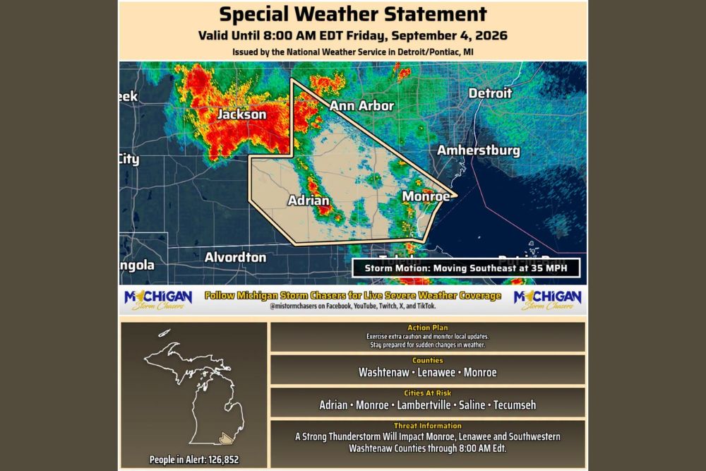 Special Weather Statement Warns of 40 MPH Winds and Pea Sized Hail for Washtenaw Lenawee and Monroe Counties in Michigan