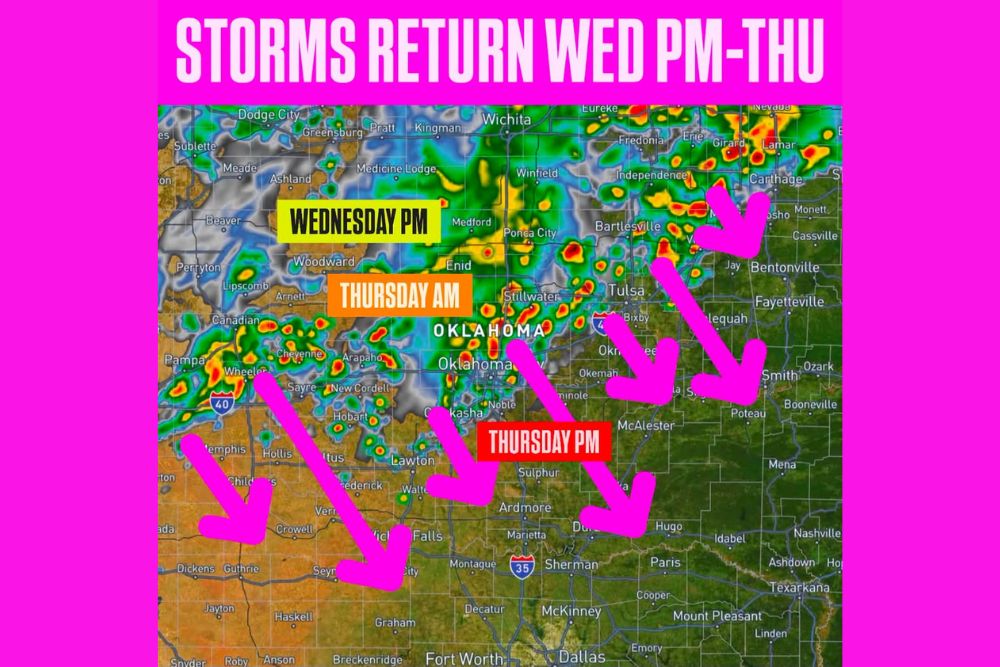 Storms Return to Oklahoma and Southern Kansas Wednesday Night Into Thursday as Cold Front Pushes Rain Chances South to the Red River