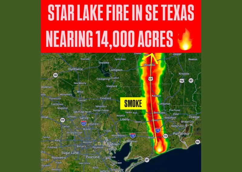 The Star Lake Fire Nears 14000 Acres Southwest of Port Arthur Texas as Thick Wildfire Smoke Spreads North to Livingston This Morning