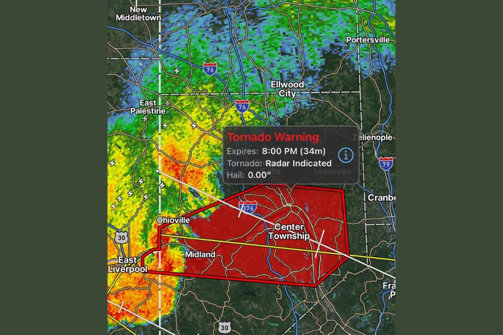 Tornado Warning Issued Until 8 PM for Central Beaver County Pennsylvania as Radar Detects Rotation Near Midland and East Liverpool Moving East