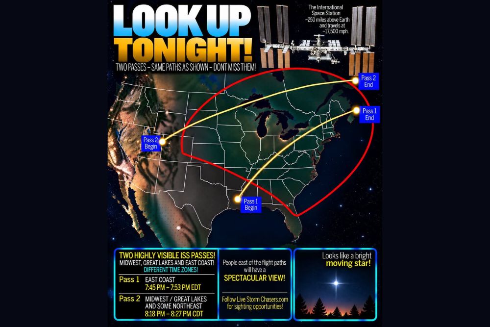 Two Highly Visible ISS Passes Light Up Tonight Skies Across the Midwest Great Lakes and East Coast Starting at 8:18 PM