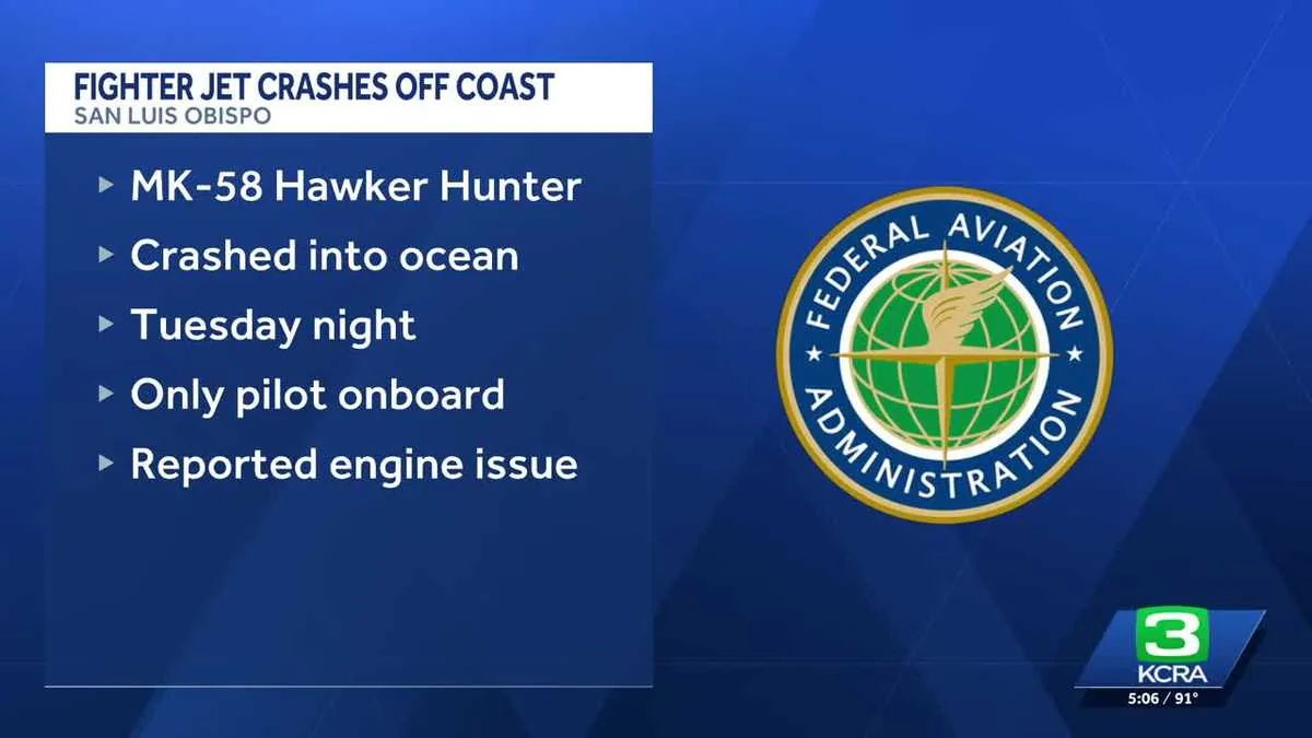 A fighter jet crashing into the ocean off the California coast