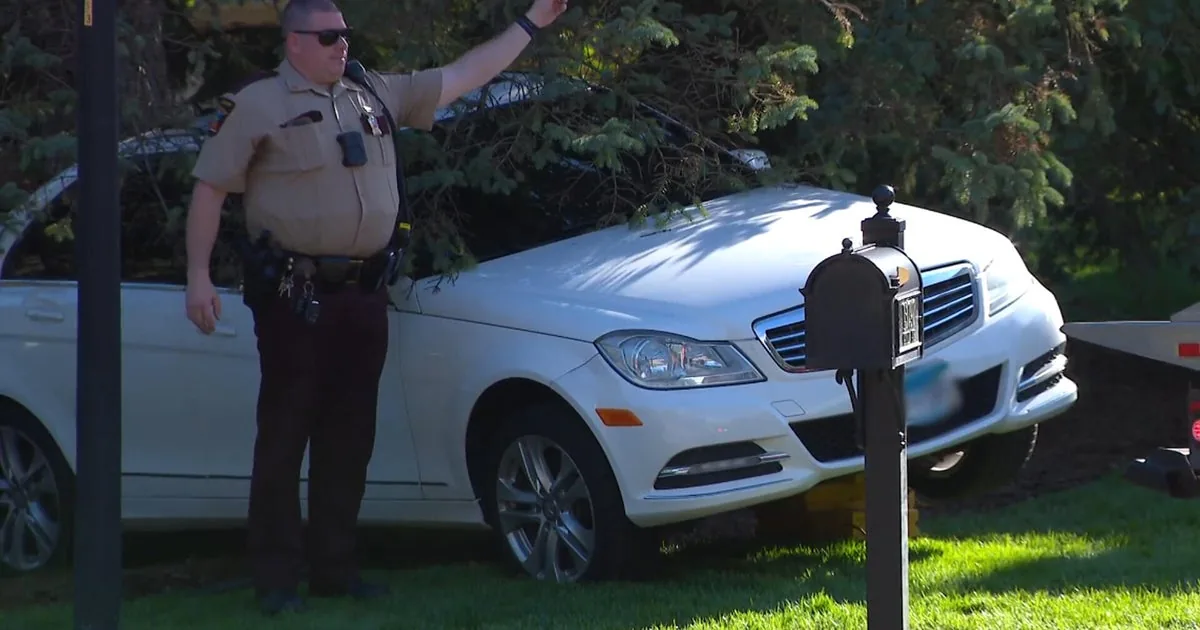 Police and emergency crews at a residential driveway after a man was pinned under a sedan