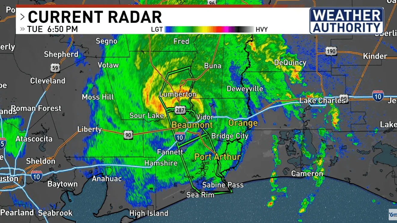 Weather radar map showing Tropical Storm Edouard near the Texas-Louisiana state line
