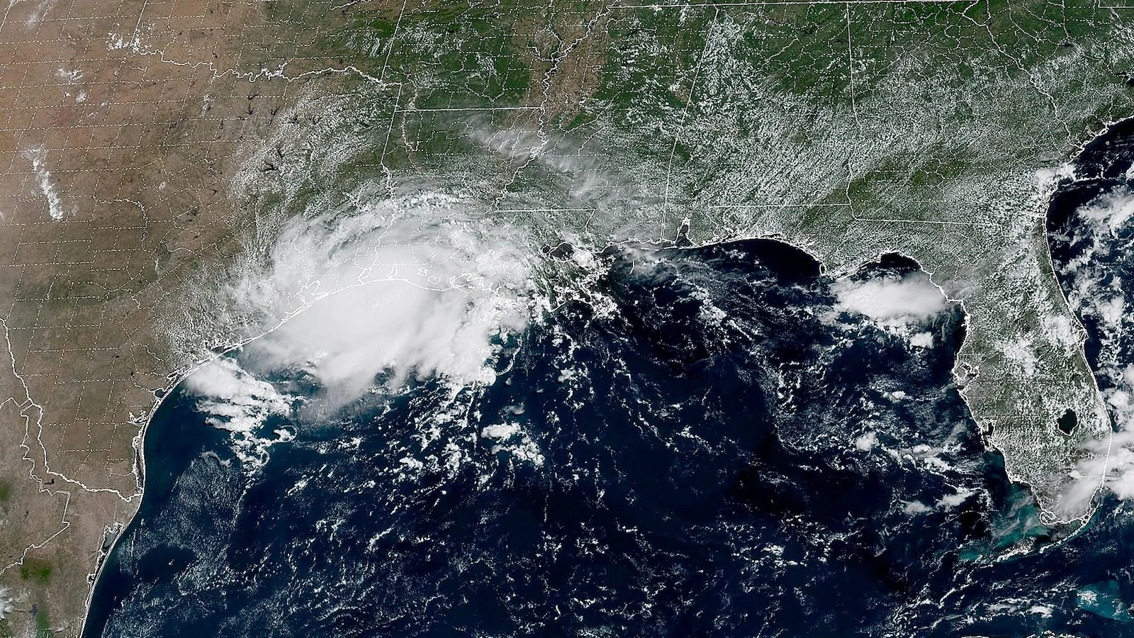 Satellite view of Tropical Storm Edouard over the Texas coast bringing heavy rain and wind